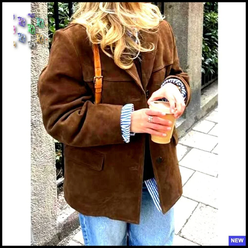 Y2K Faux Suede Blazer Jacket Boyfriend Fit Oversized Shacket Coat Button Down - Picture 4 of 6